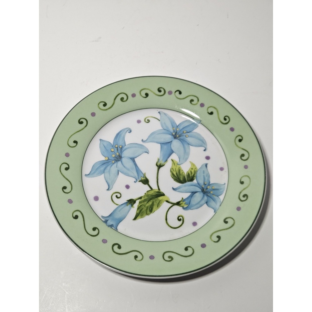 I Godinger Co Blue Day Lily 7.5" Dessert Salad Plate Green Scroll Border Floral